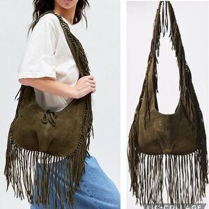 Silence + Noise Suede Fringe Hobo Sling Bag Army Green Urban Outfitters NWT